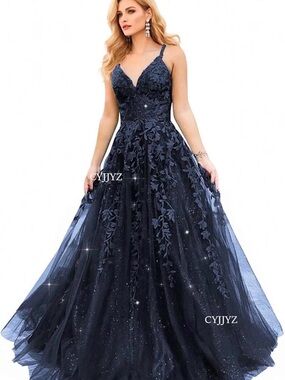 Elegant Navy Blue Tulle Overlay Prom Gown NWOT